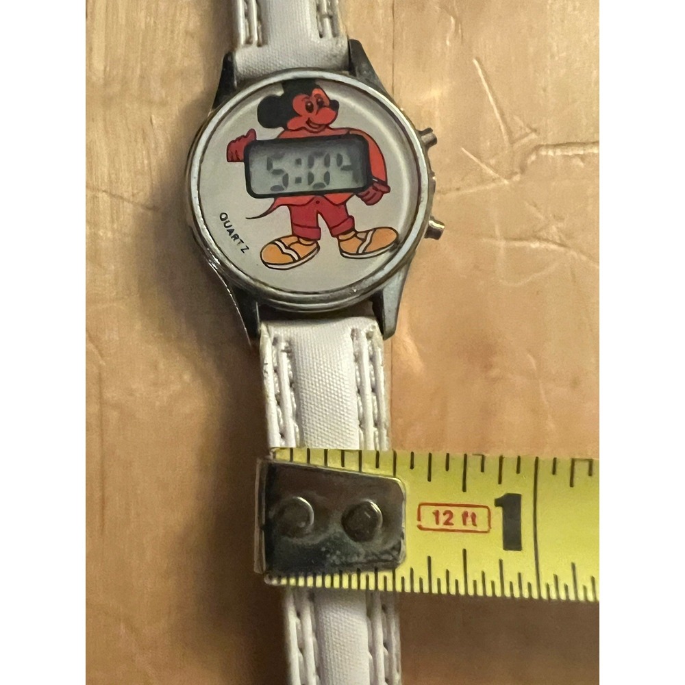 Vintage Disney Mickey Mouse Quartz Wrist Watch White Leather Band Works Great! - Picture 10 of 12
